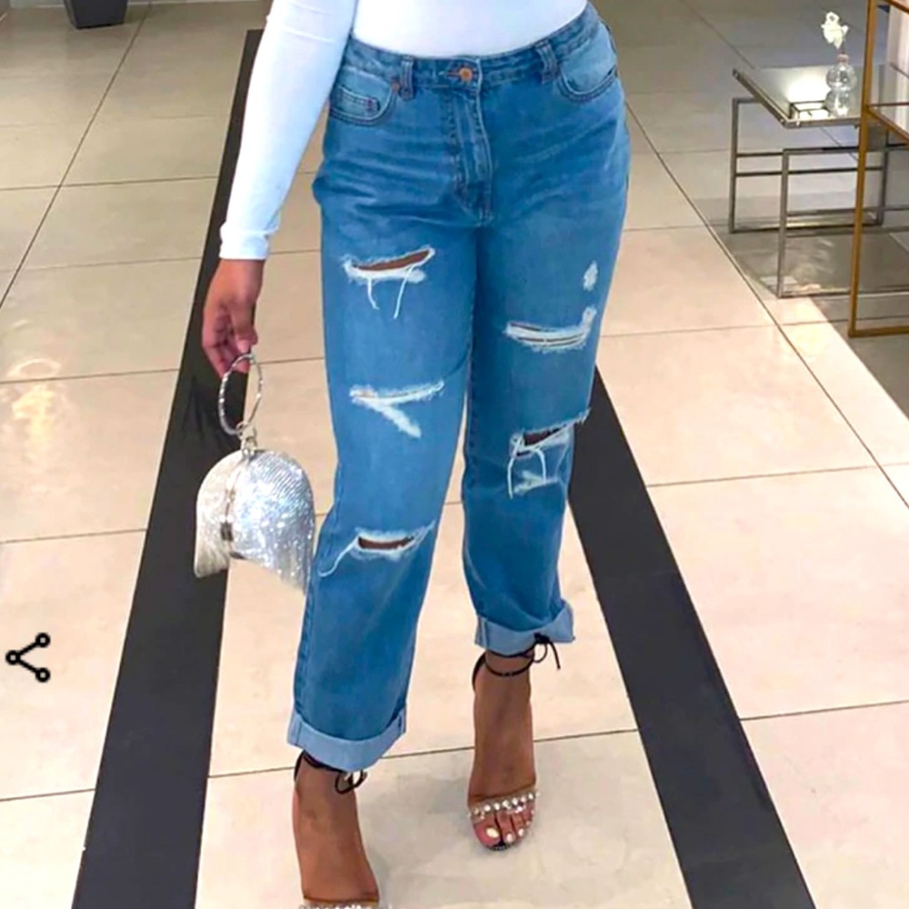 MID BLUE MULTI RIP TURN UP HEM BOYFRIEND JEANS